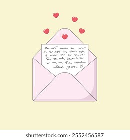 Pink envelope with  love letter inside for Valentine's day, vector illustration.
