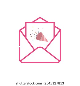 Pink envelope open with party popper is perfect for celebrations, birthdays, invitations, surprises, events