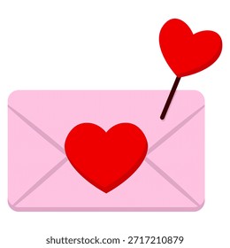 Un sobre rosa con una pegatina roja del corazón y una piruleta roja del corazón que sobresale.