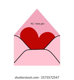 Pink envelope with a red heart and text 'P.S. I love you' inside, romantic love letter illustration. Valentine's Day cards, romantic invitations, social media posts, decor, love-themed blogs.