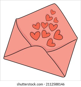 rosafarbener Umschlag mit roten Herzen auf weißem Hintergrund. Valentinenkarte. Handgezeichnete Illustration. EPS10. 