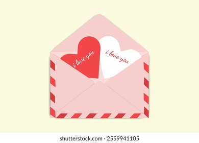 Pink envelope with red and white hearts inside, both displaying "I love you" text, against a soft yellow background.