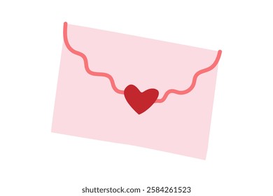 Pink envelope sealed with red heart and wavy line on white background. Flat illustration of love letter for Valentine's Day and romantic themes