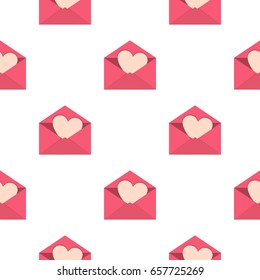 Pink envelope with Valentine heart pattern seamless background in flat style repeat vector illustration