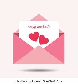 A pink envelope with a Valentine's Day card inside, displaying two hearts and a festive greeting. Perfect for celebrating love, affection, and romance during Valentine's holiday.