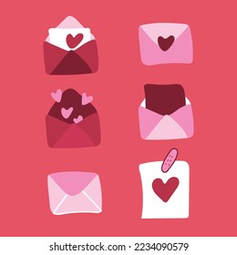 Pink envelopes with different hearts vector set. Congratulatory envelopes for valentine's day.