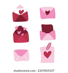 Pink envelopes with different hearts vector set. Congratulatory envelopes for valentine's day. Bright colors. Vector illustration