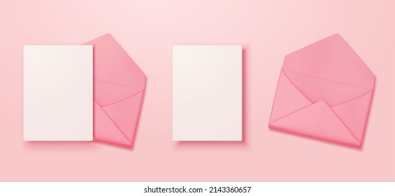 Pink envelopes and white letter. 3D Illustration of blank letter papers and opened pink envelopes isolated on pink background in flat lay. Elements suitable for Mother's Day and Valentine's Day