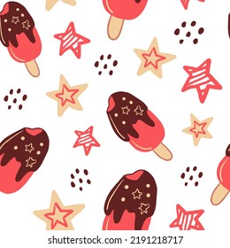 Pink Eskimo with stars doodle seamless pattern. Celebration hand drawn falling chocolate ice cream repeat vector illustration. Woman girl sweet greeting card, packaging, wrapping, fabric, textile