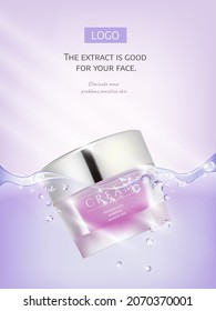 Frasco de crema de esencia rosa sobre la superficie del agua y fondo rosado de burbujas.Producto cosmético.Ilustración vectorial.