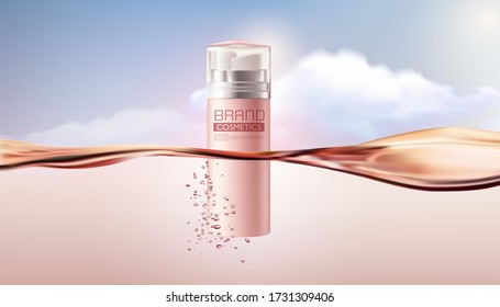 Pink Essence Spray Floating On Water Surface And Sunset Background.Cosmetic Product.Vector Illustration.