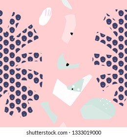 Pink Ethnic pattern with monstera leaf in collage technique. Seamless contemporary  design
for fabric, cover, banner, interior, children's clothing, print for packaging cosmetics, gift packaging
