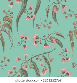 Pink eucalyptus blossom with gumnuts seamless vector repeat pattern