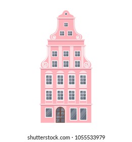 Pink European style classic building facade in flat style isolated on white background. Baroque style hotel building. Amsterdam style house. Vector illustration.