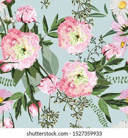 Pink eustoma with wild field flowers and herbs seamless pattern. Mint background.	