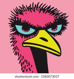 Pink evil bird, Emu ostrich, evil eyes, scary bird, intense expression, isolated, pink background, vector illustration drawing of character style animal portrait with yellow beak and pink hair