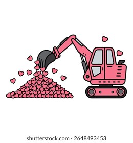 Pink Excavator Loading Hearts Illustration