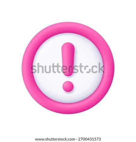 Pink exclamation mark on circle button. Alert, warning, caution, notification and danger concept. 3d vector icon. Cartoon minimal style.