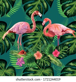 Pink exotic flamingo wading birds couple. Seamless pattern texture. green tropical jungle rainforest palm tree leaves.