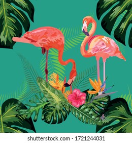 Pink exotic flamingo wading birds couple. Seamless pattern texture. green tropical jungle rainforest palm tree leaves.