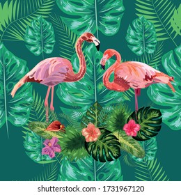 Pink exotic flamingo wading birds couple. Seamless pattern texture. green tropical jungle rainforest palm tree leaves.