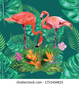 Pink exotic flamingo wading birds couple. Seamless pattern texture. green tropical jungle rainforest palm tree leaves.