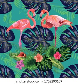 Pink exotic flamingo wading birds couple. Seamless pattern texture. green tropical jungle rainforest palm tree leaves.