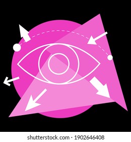 Pink eye (vision). Simple futuristic icon and color circles, retro block shape vector illustration.