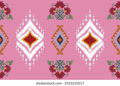 Pink fabric features vibrant diamond motifs and floral clusters, blending traditional ikat patterns with bold colors, creating an elegant, artistic, and intricate textile design