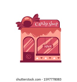 Pink facade of a candy shop, front of building and store with door and window. Isolated flat cartoon vector illustration of candy shop facade.