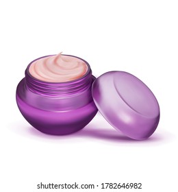 Pink face cream in an open pink jar with a lid isolated on a white background. Vector 3d illustration. Mock up female cosmetics.