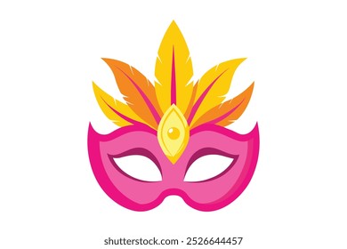 Pink face masquerade mask with yellow feathers on white background.