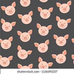 Pink faces of pigs on a gray background. Vector flat pattern. Pigs are laughing, different emotions. 