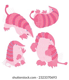 Pink Fairy Armadillo. Chlamyphorus truncatus. Flat vector Isolated on the white background. Unique Animals. This illustration is perfect for postcards, invitation cards and stickers