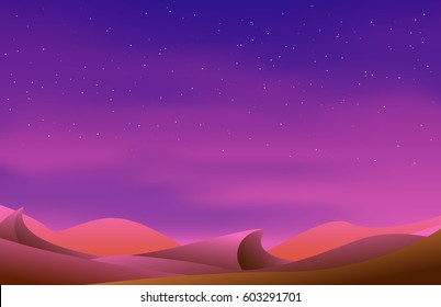 Pink Fairy Desert Landscape With Stars On The Night Sky. Romantic Natural Wallpaper. Eps10 Vector Illustration.