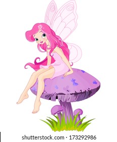 Pink Fairy Elf Sitting On Mushroom