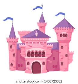 Pink fairy magic castle. On a white background girl's palace. Vector illustration in cartoon style.