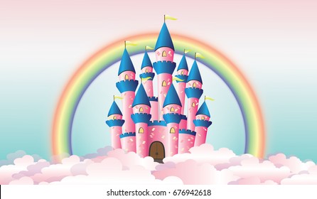 Pink Fairy Tale Castle Among the Clouds and Rainbow Vector Illustration.