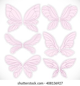 Pink fairy wings with dotted outline for cutting set isolated on a white background