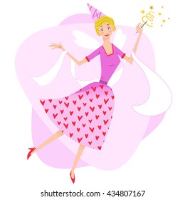 Pink fairy woman floating, holding a sparkling magic wand (Fifties style)