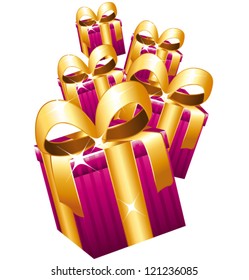 Pink falling gifts with large golden bows. Vector icon.