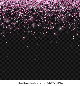Pink falling glitter particles on dark transparent background. Vector