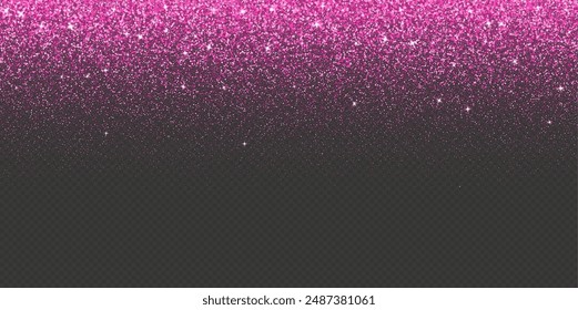 Pink falling glitter, shiny confetti with glowing sparkles, shimmer spray effect, festive holiday particles isolated on a dark background. Vector illustration.