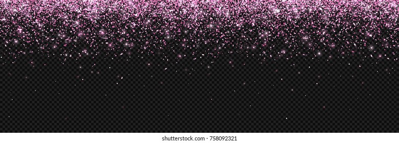 Pink falling particles on dark background, wide banner. Vector illustration