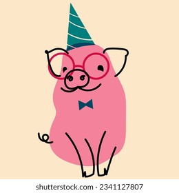 Pink, fancy pig. Avatar, badge, poster, logo templates, print. Vector illustration in flat cartoon style