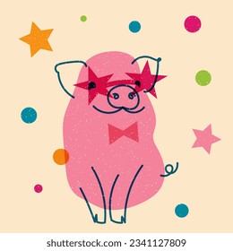 Pink, fancy pig. Avatar, badge, poster, logo templates, print. Vector illustration in flat cartoon style