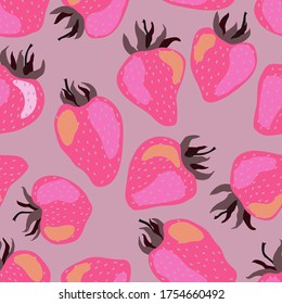 Pink fancy strawberry vector seamless pattern for decoration, wrapping, textile, backgrounds.
