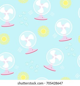Pink fans seamless pattern with sun and ice cubes on light blue background