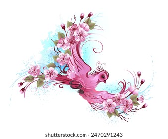 Pink fantastic bird with wings decorated with pink cherry blossoms on white background. Blooming Japanese cherry.