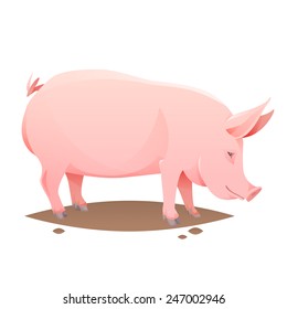 Pink farm pig on white background. Vector Illustration